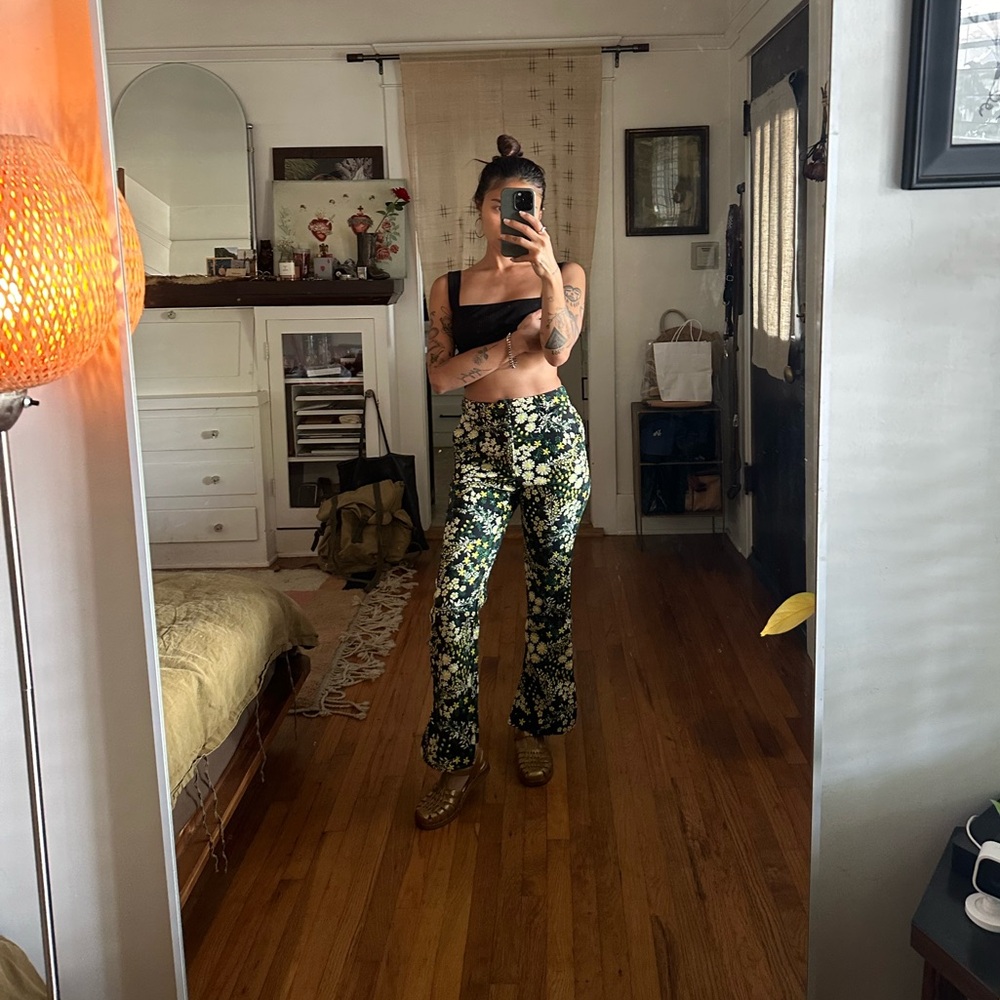 70s Floral Pants Retro High-Waisted